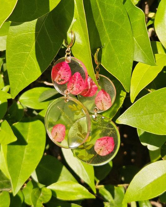 Bougainvillea earrings and encapsulated leaves